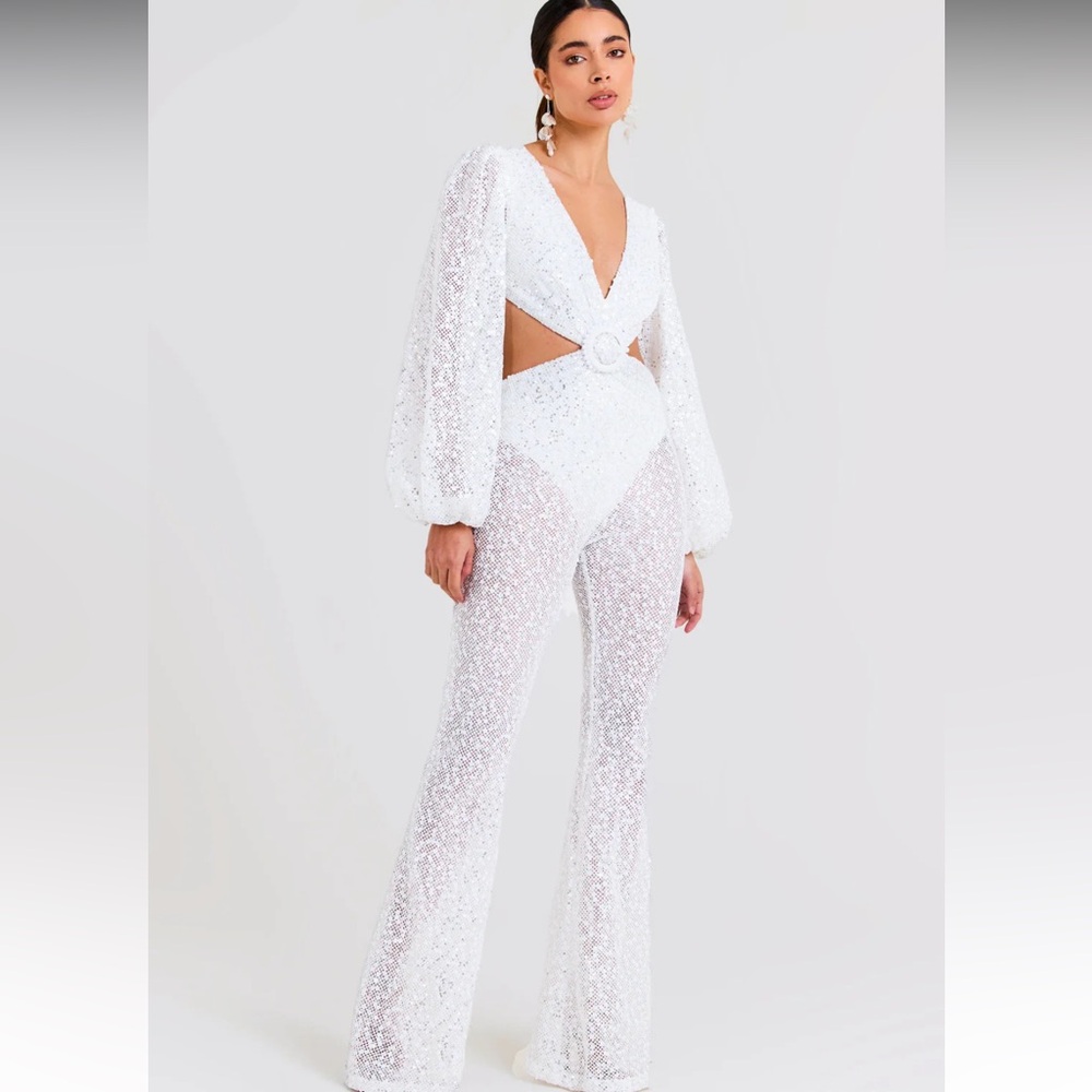NADINE MERABI Madison White Sequin Jumpsuit